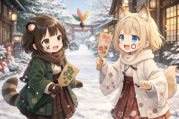 コン子とポン子・羽根つき