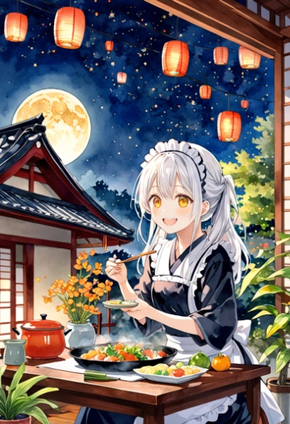 【おいしいごはん♪綺麗な夜空♪メイドの少女♪】