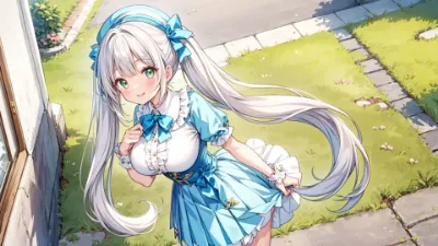 青いリボンの少女、風に舞う庭で