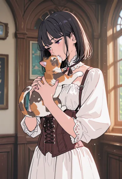 古い館の少女と猫の秘密のキス