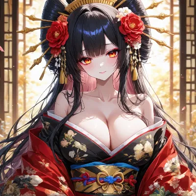 紅葉に微笑む黒髪の花魁