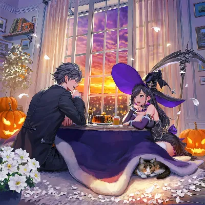 ハロウィン　「死神と魔女と猫」