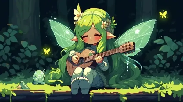 fairy playing guitar in forest