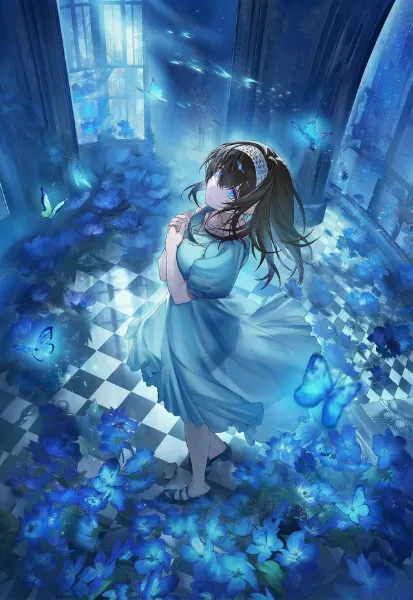 上を見上げる美しいドレス姿の鷺沢文香🩵