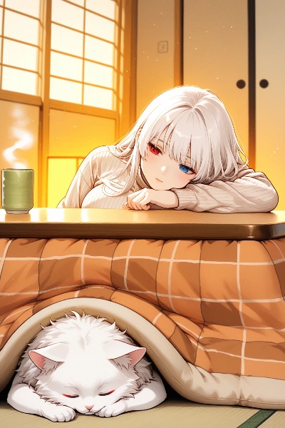 白髪少女と猫の穏やかな午後