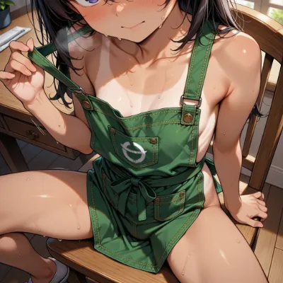 汗に濡れた緑のエプロン