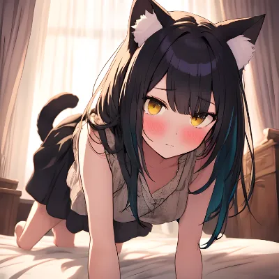 朝陽に照らされた猫娘の視線
