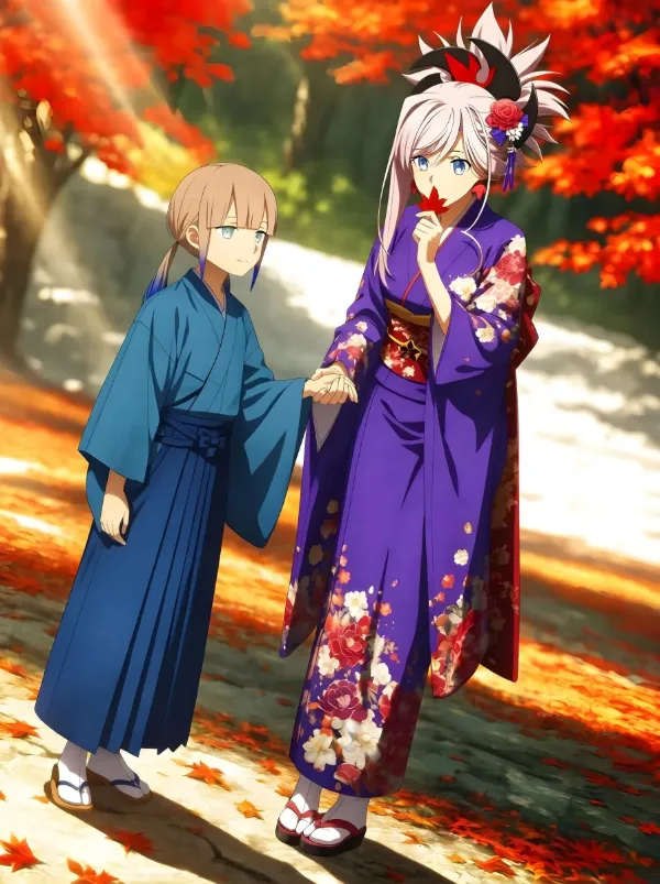 振り袖姿の武蔵ちゃんがネモくんとお手てつないでいます