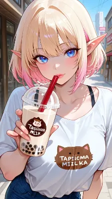 タピオカミルクティーをのむピンク髪エルフ