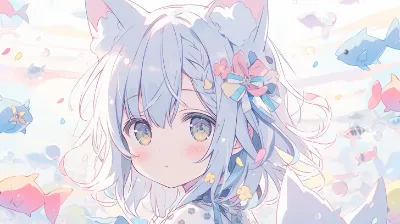 幻想的な海で微笑む猫耳の少女