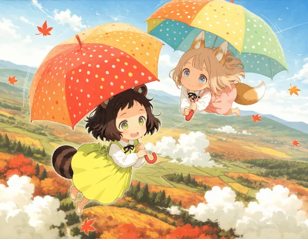 コン子とポン子・秋風に乗って