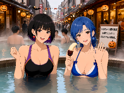 商店街のHALLOWEENイベントに参加した💕美咲さん💙リンちゃん👻ハロウィーン露天風呂