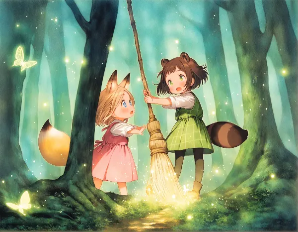 コン子とポン子・森の中で不思議なほうきを見つけた