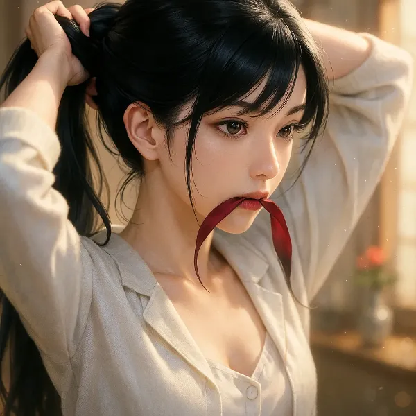 朝の光に輝く少女の秘密の準備