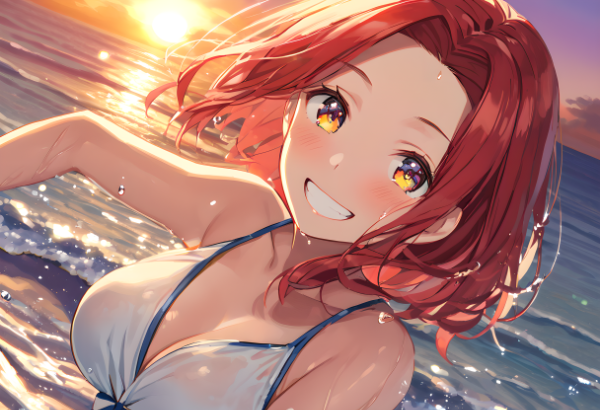 夕日に染まる美女