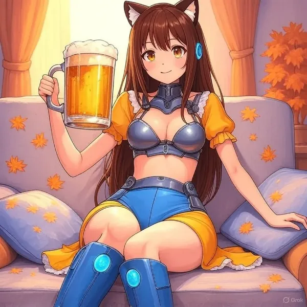 その能力を重い巨大ビールジョッキを持つことに有効利用する秋の季節のサイボーグ系女子