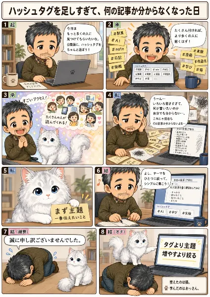 猫漫画コンテンツ6シリーズ  猫漫画6シリーズを投稿しています。  サイベリアンのクィーン 静かな圧で、今日もおっさんを整える  ちびキャラ ベビークイーン グリーンは食べ物…じゃなかった！？  クイ猫が教えた、ハッシュタグより主題の大切さ