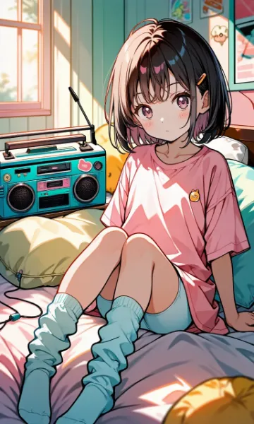 カセットテープを聴く少女