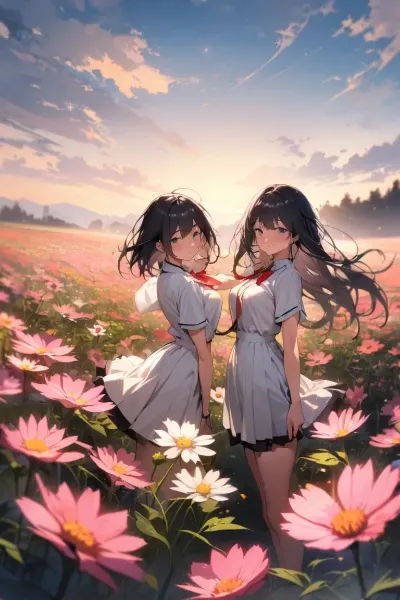 女子高生とコスモス畑