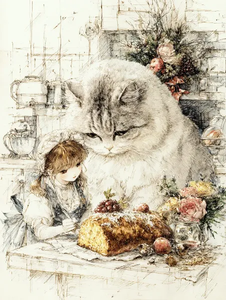 巨大猫と少女の甘いキッチン冒険。