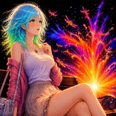カラフルヘアの少女と幻想的なトンボ