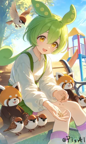 緑の妖精と鳥たちのピクニック