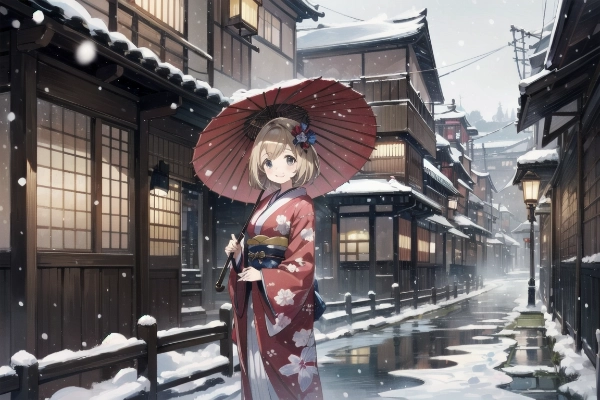 雪景色で和服のジータちゃん