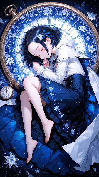 眠る青い少女と時計