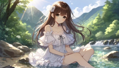 湖畔でリラックスする少女２