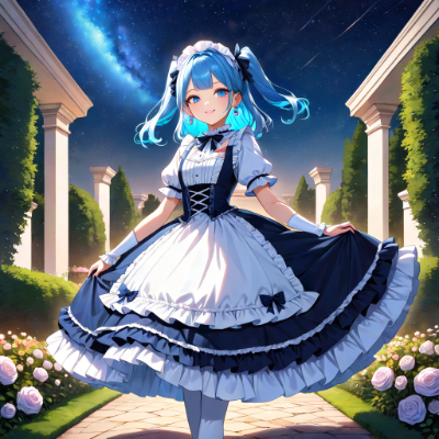 夜の庭園と青髪メイドさん
