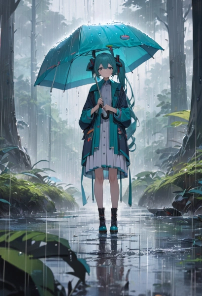 虚ろな世界　雨の森と少女