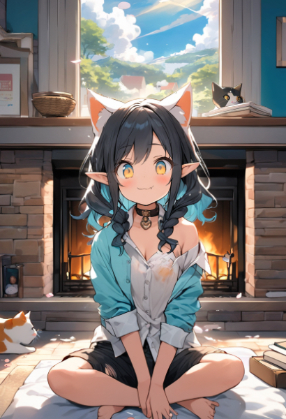 暖炉の前であぐらをかく妖精姫