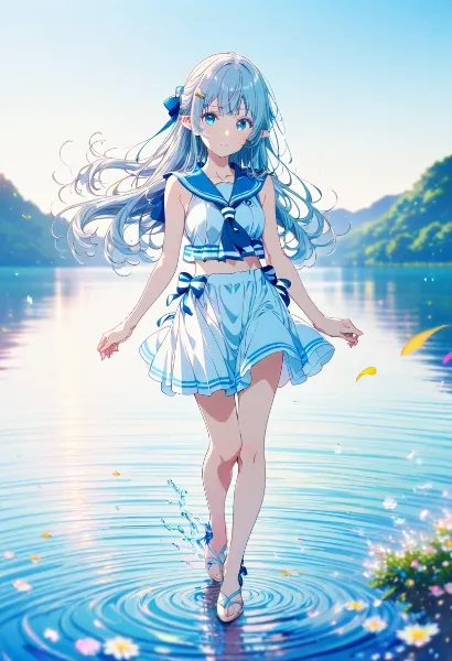 湖畔を歩む青い少女