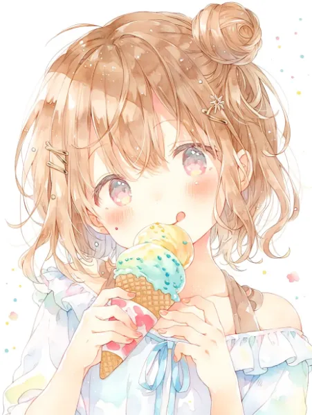 夏の甘い誘惑、少女の幸せな一口。