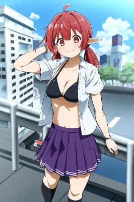 ワイシャツ+黒ビキニ+プリーツスカートのエルフさん
