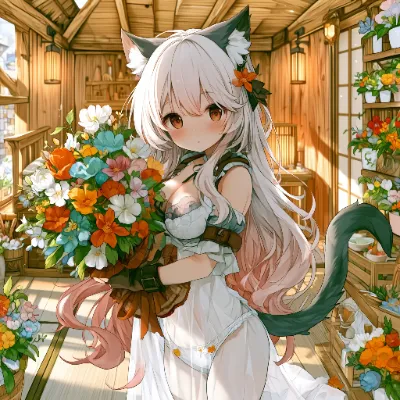 陽だまりの花屋で花束を抱く猫娘