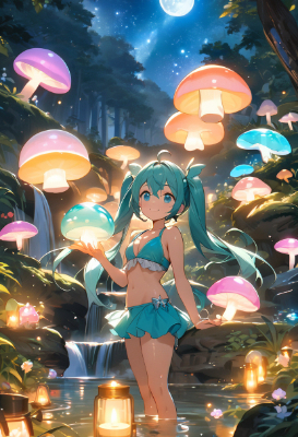 ミクとカラフルな光るキノコ