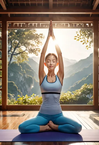 山の朝に響く祈りのポーズ