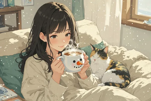 雪の朝、猫と温かな一杯のぬくもり