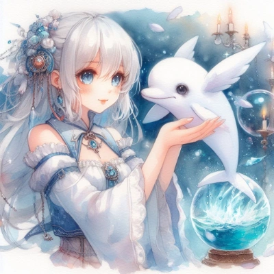 イマジナリーフレンドの白いイルカちゃんと戯れている女性