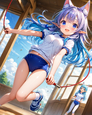 縄跳びをするケモ耳エルフさん（10枚）