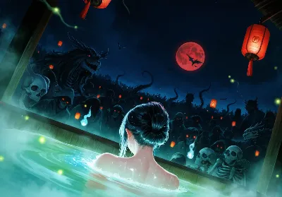 血月夜の湯に集う妖影