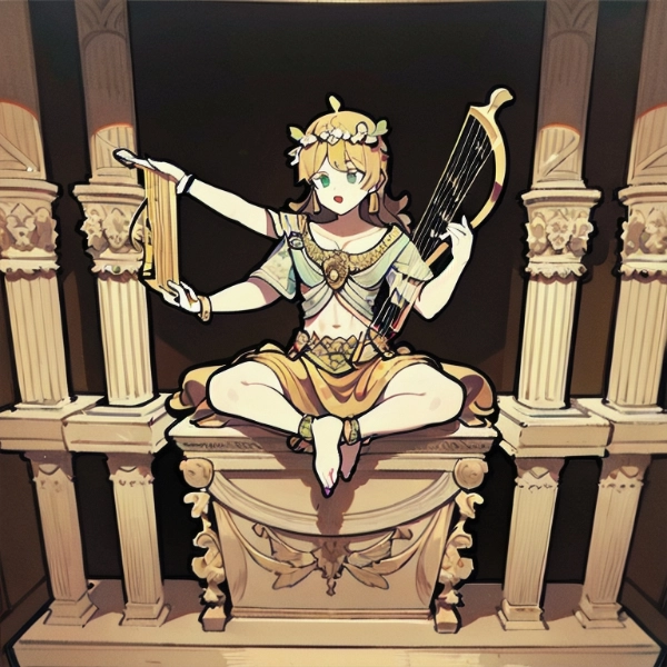 オリーブの冠をかぶってハープを弾くアポロン