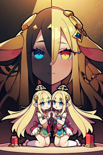 陰陽の神像に祈りを捧げる金色の髪の姉妹