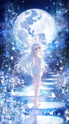 月光の道を往く白うさぎの少女