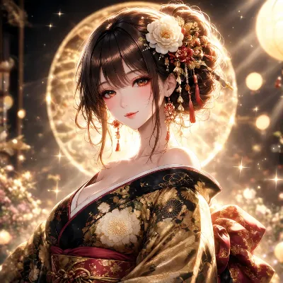 月光に輝く着物の美女