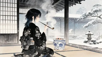 煙管と雪景色