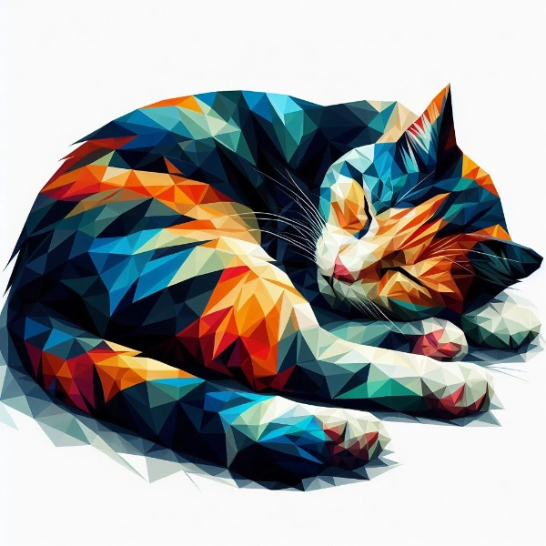 体をまるくして寝ているカラフルな猫のローポリゴンの水彩