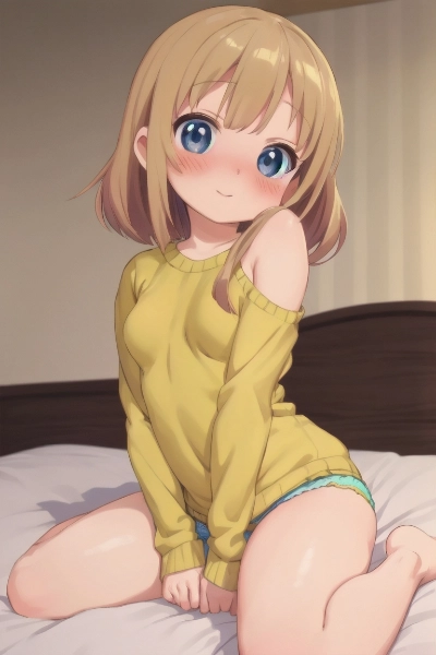 Sweet Loli sit on her bed and want to Talk with you