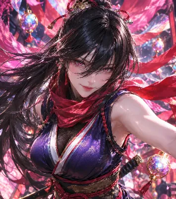 紅桜に舞う黒髪の剣士